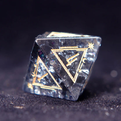 Solo shot of a D6 from the Black Crystal Dice Set, highlighting geometric precision