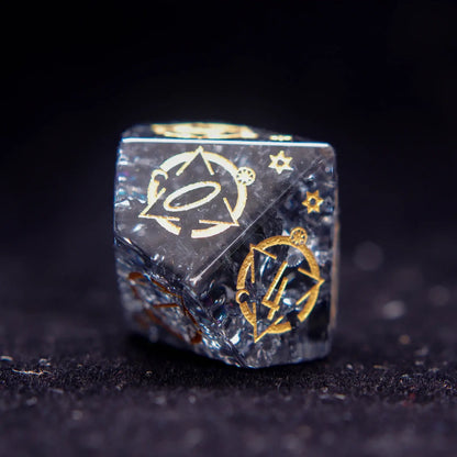 Solo shot of a D% from the Black Crystal Dice Set, highlighting geometric precision