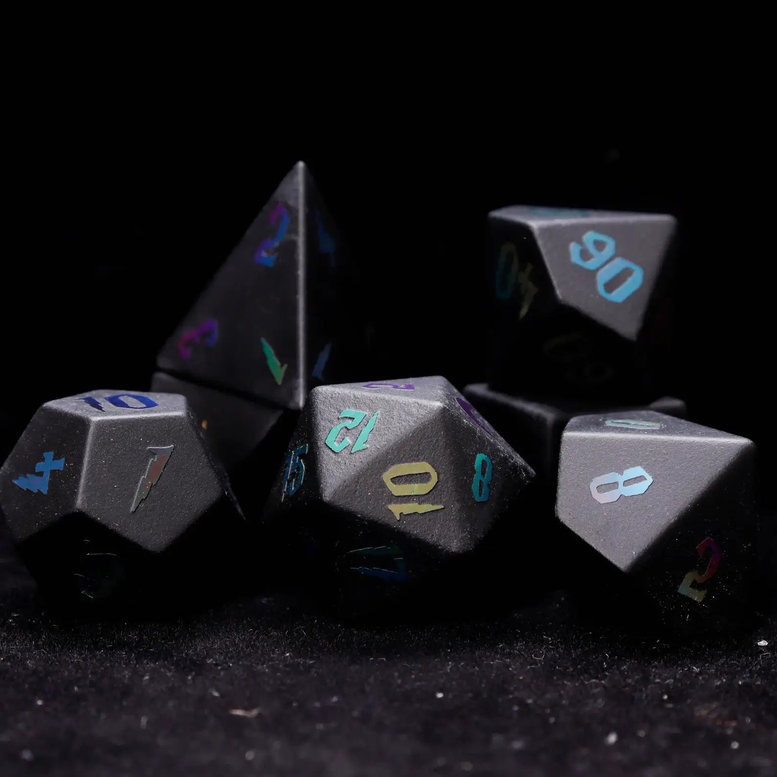 Complete 7-piece Black Obsidian Lightning DND Dice Set, including D4, D6, D8, D10, D%, D12, and D20, each showcasing a polished finish with lightning patterns.