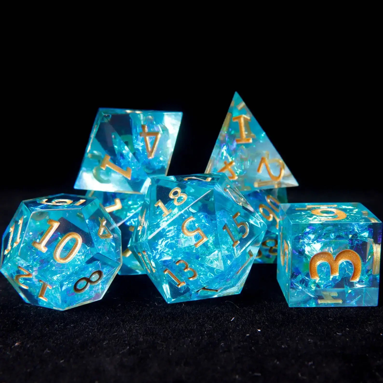 A complete 7-piece Blue Lightning DND Dice Set, including D4, D6, D8, D10, D%, D12, and D20, each featuring electric blue lightning veins.