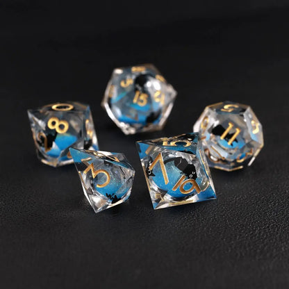 Unique gift idea: Blue Swirl Liquid Core Dice Resin Set featuring the whimsical black cat animal dice.