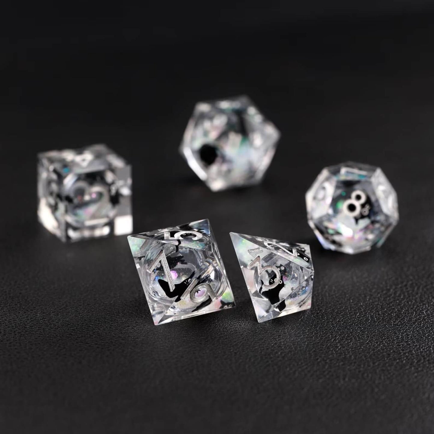 Unique gift idea: The Silver Swirl Liquid Core Dice Resin Set with a charming black cat animal dice design.