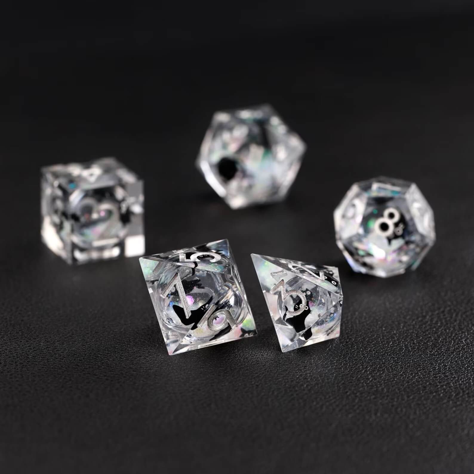Unique gift idea: The Silver Swirl Liquid Core Dice Resin Set with a charming black cat animal dice design.