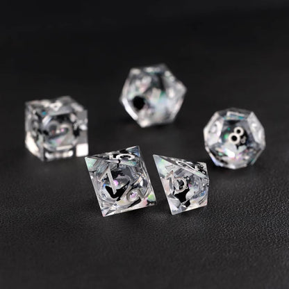 Unique gift idea: The Silver Swirl Liquid Core Dice Resin Set with a charming black cat animal dice design.