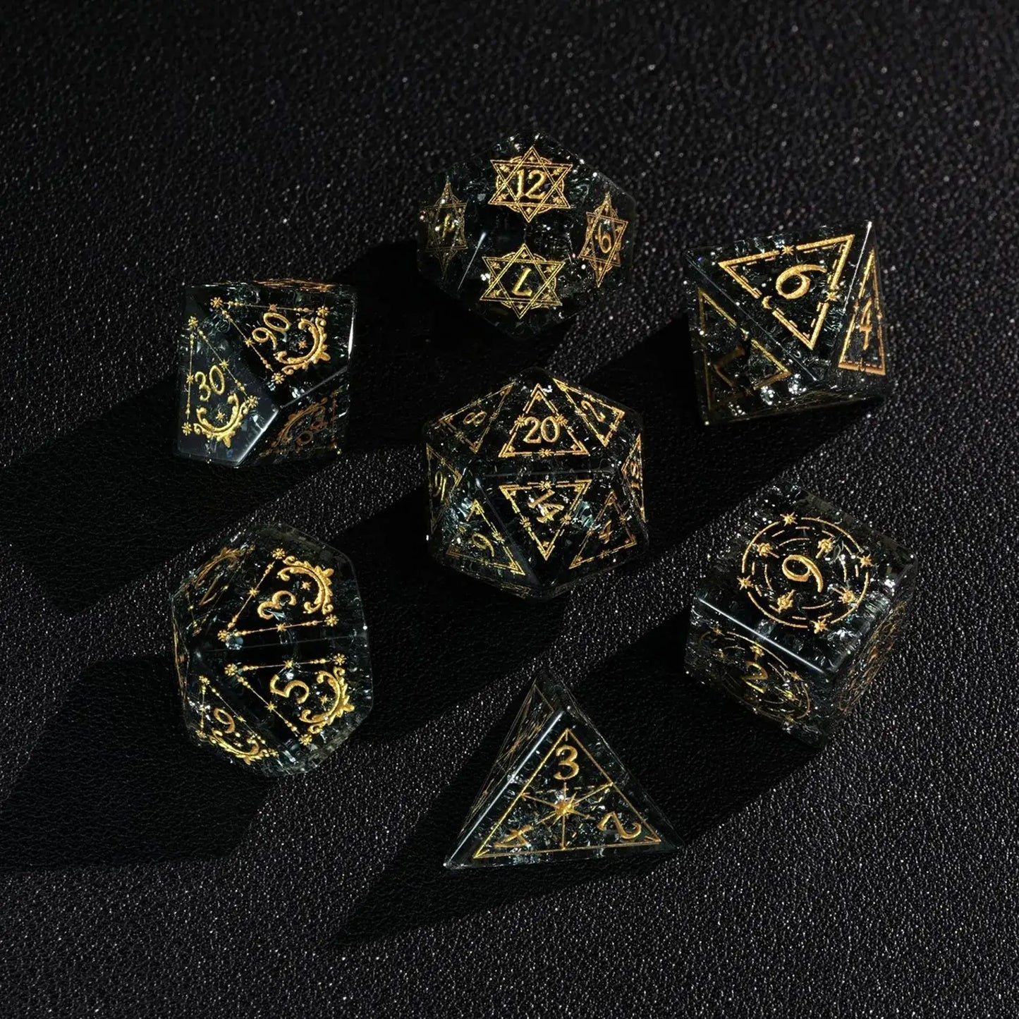 A complete set of translucent green, sharp-edged D&D dice, including D20, D12, D10, D%, D8, D6, and D4, showcasing their clarity and precise points.