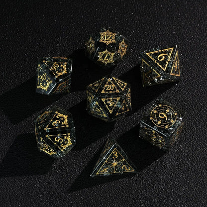 A complete set of translucent green, sharp-edged D&D dice, including D20, D12, D10, D%, D8, D6, and D4, showcasing their clarity and precise points.