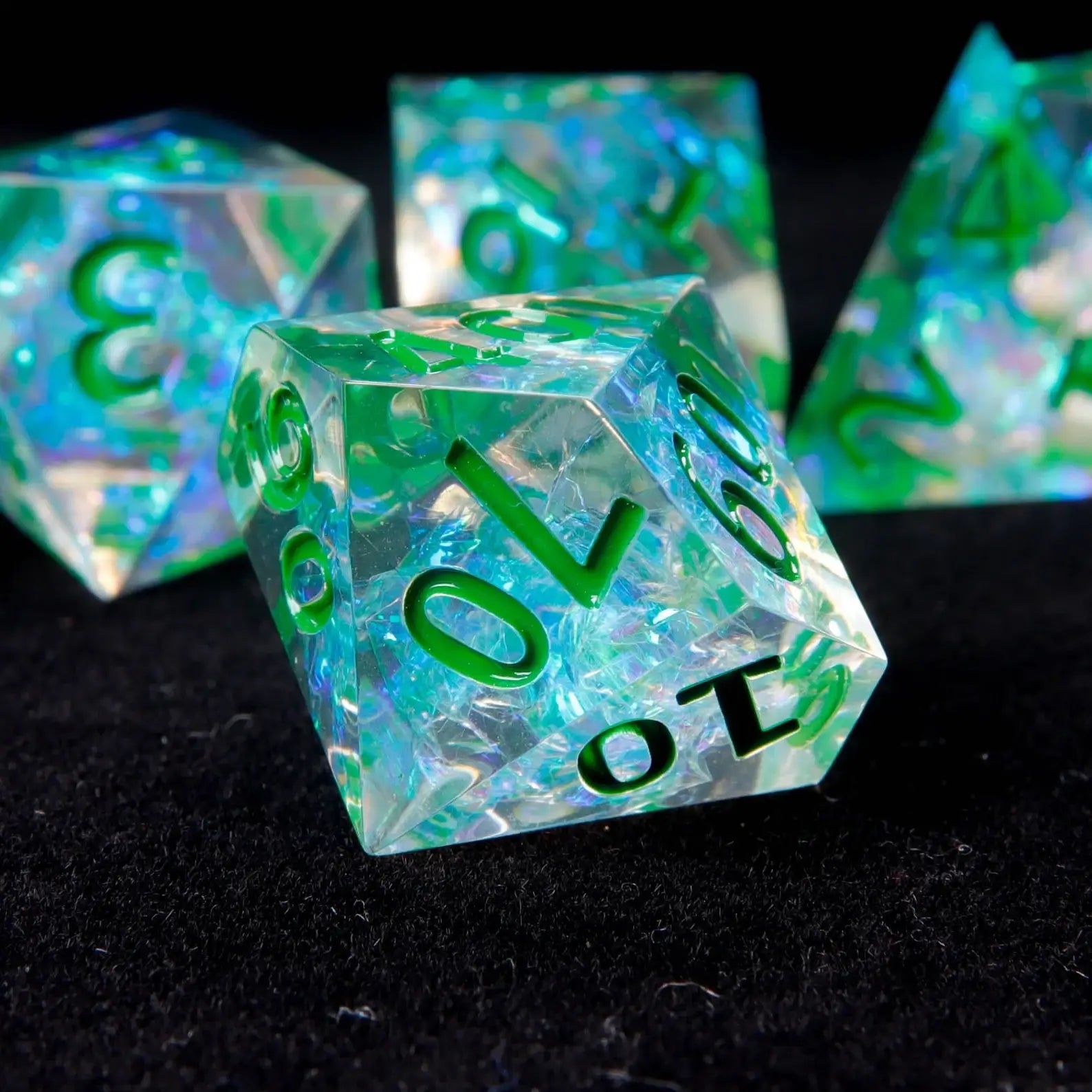 A vibrant Green Sharp Edge D10 die, featuring sharp, clean lines and a striking green finish for excellent performance in role-playing games.