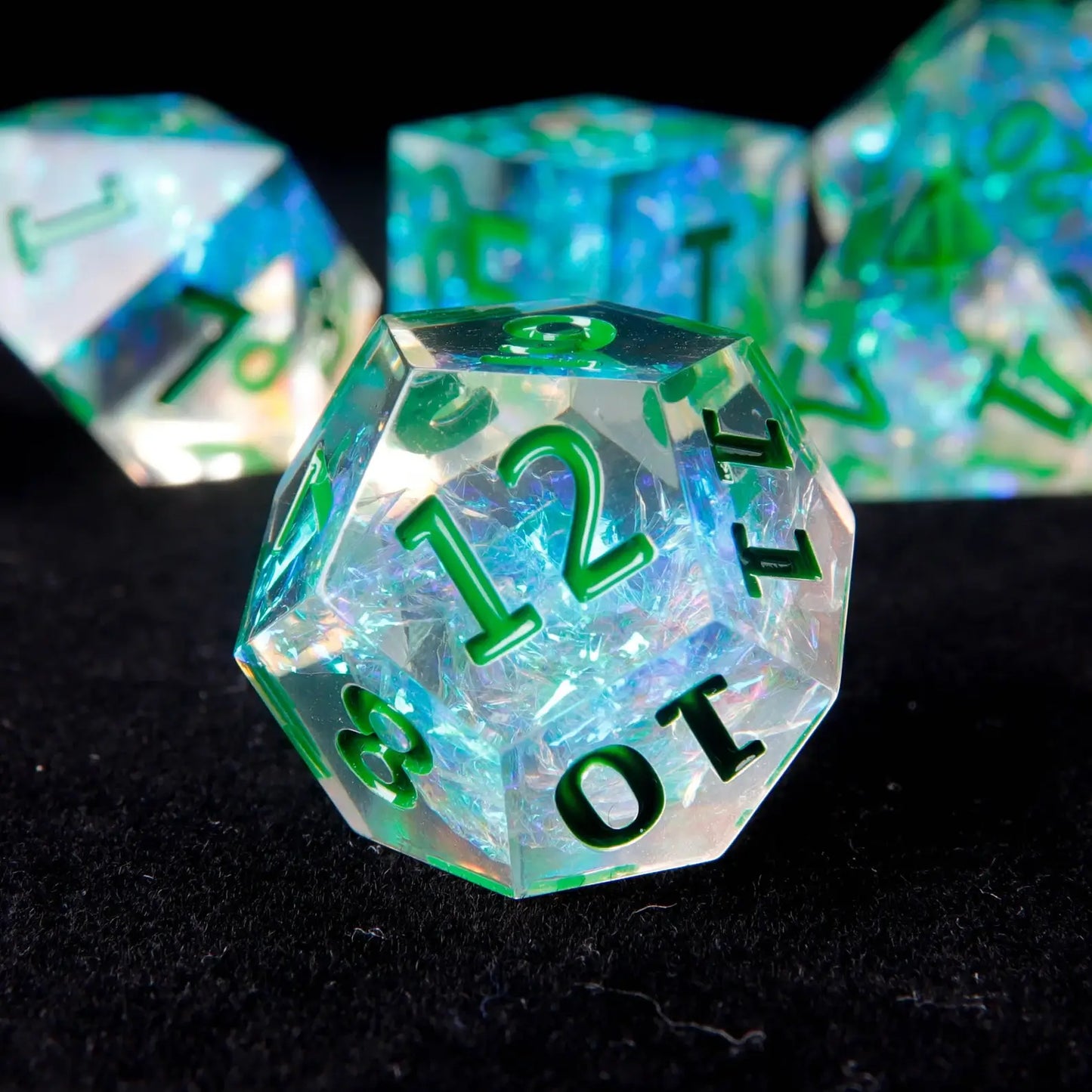 The Green Sharp Edge D12 die, showcasing sharp edges and a rich green hue, perfect for precision and style in your D&D games.