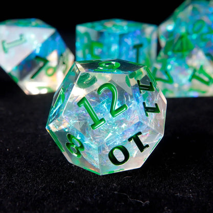 The Green Sharp Edge D12 die, showcasing sharp edges and a rich green hue, perfect for precision and style in your D&D games.