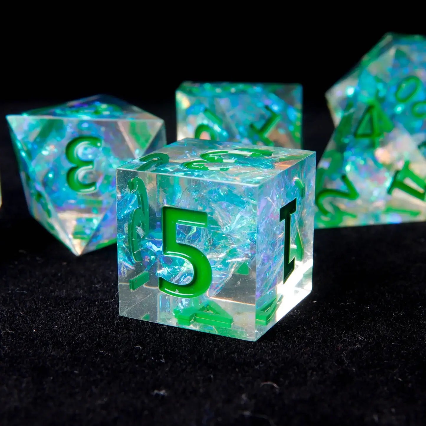 A polished Green Sharp Edge D6 die, designed with precision for accurate rolls, featuring a vibrant green color and sharp corners.