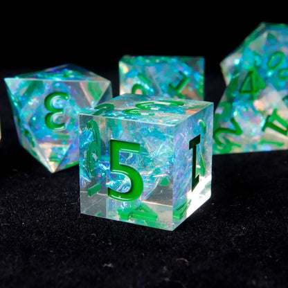 A polished Green Sharp Edge D6 die, designed with precision for accurate rolls, featuring a vibrant green color and sharp corners.