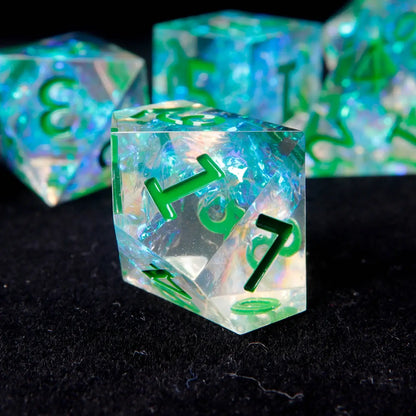 The Green Sharp Edge D8 die, crafted for smooth rolls with sharp edges and an eye-catching green color, ideal for D&D sessions.