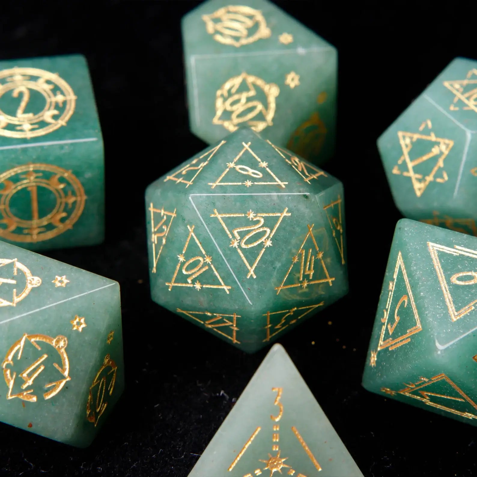 Full 7-piece Green Jade DND Dice Set featuring D4, D6, D8, D10, D12, D20, and a percentile die with unique jade-colored swirls.