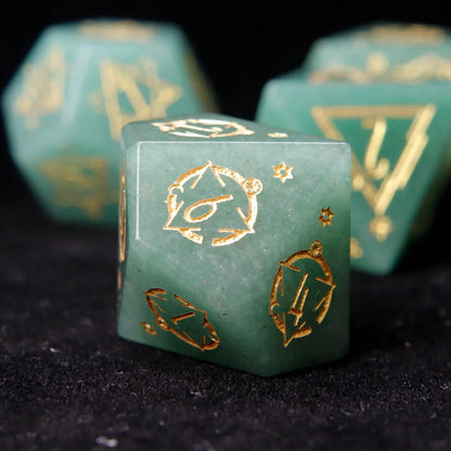 A striking Green Jade D10 die, showcasing a polished finish with vibrant jade tones, perfect for rolling percentile checks.