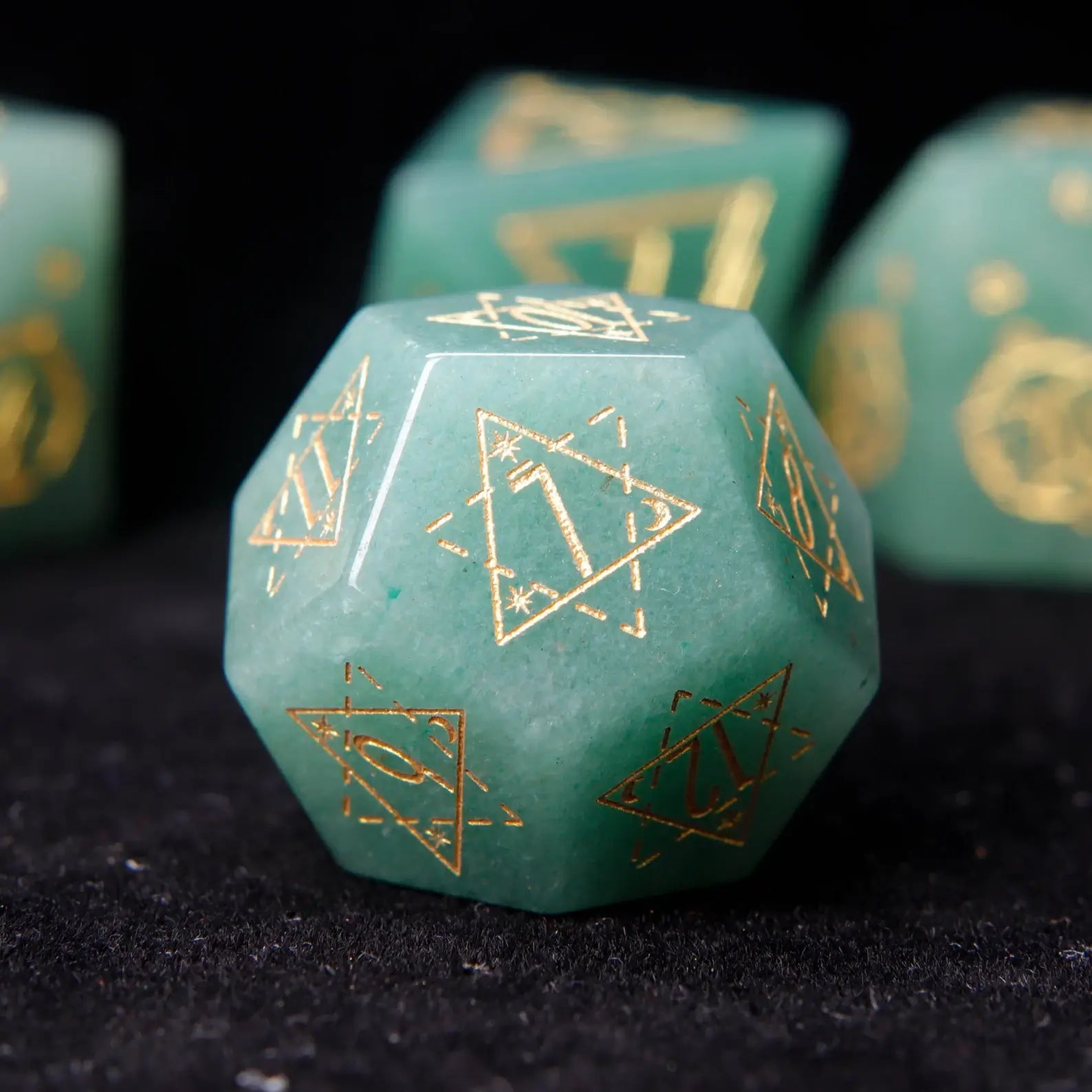 Detailed Green Jade D12 die with subtle swirls of dark green and light jade, ideal for rolling in tabletop RPGs.