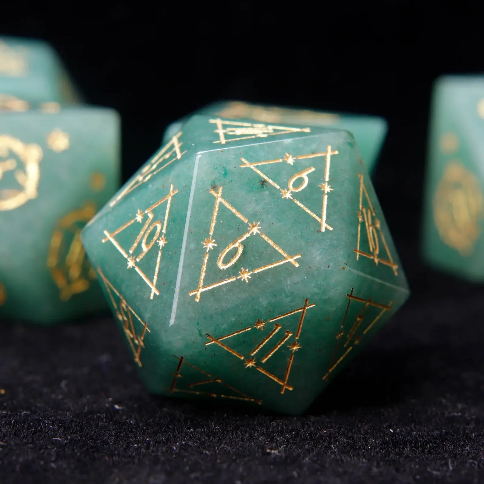 A premium Green Jade D20 die, featuring smooth, polished surfaces and unique jade marbling, perfect for any D&D adventure.