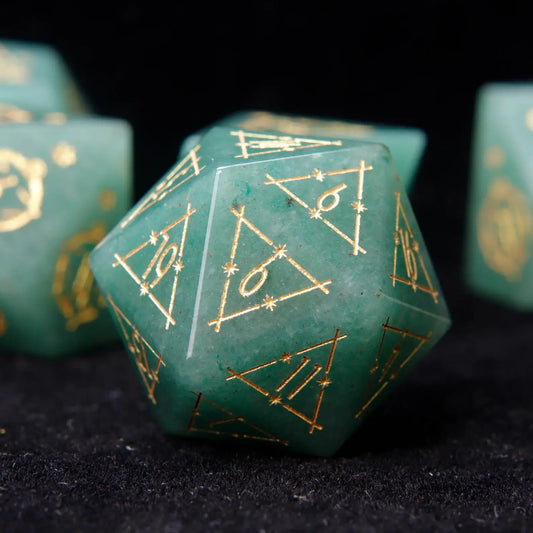 A premium Green Jade D20 die, featuring smooth, polished surfaces and unique jade marbling, perfect for any D&D adventure.