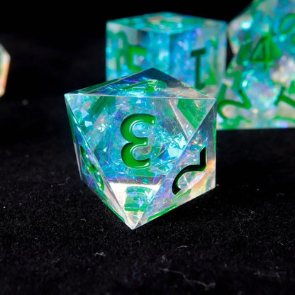 The Green Sharp Edge D8 die, crafted for smooth rolls with sharp edges and an eye-catching green color, ideal for D&D sessions.