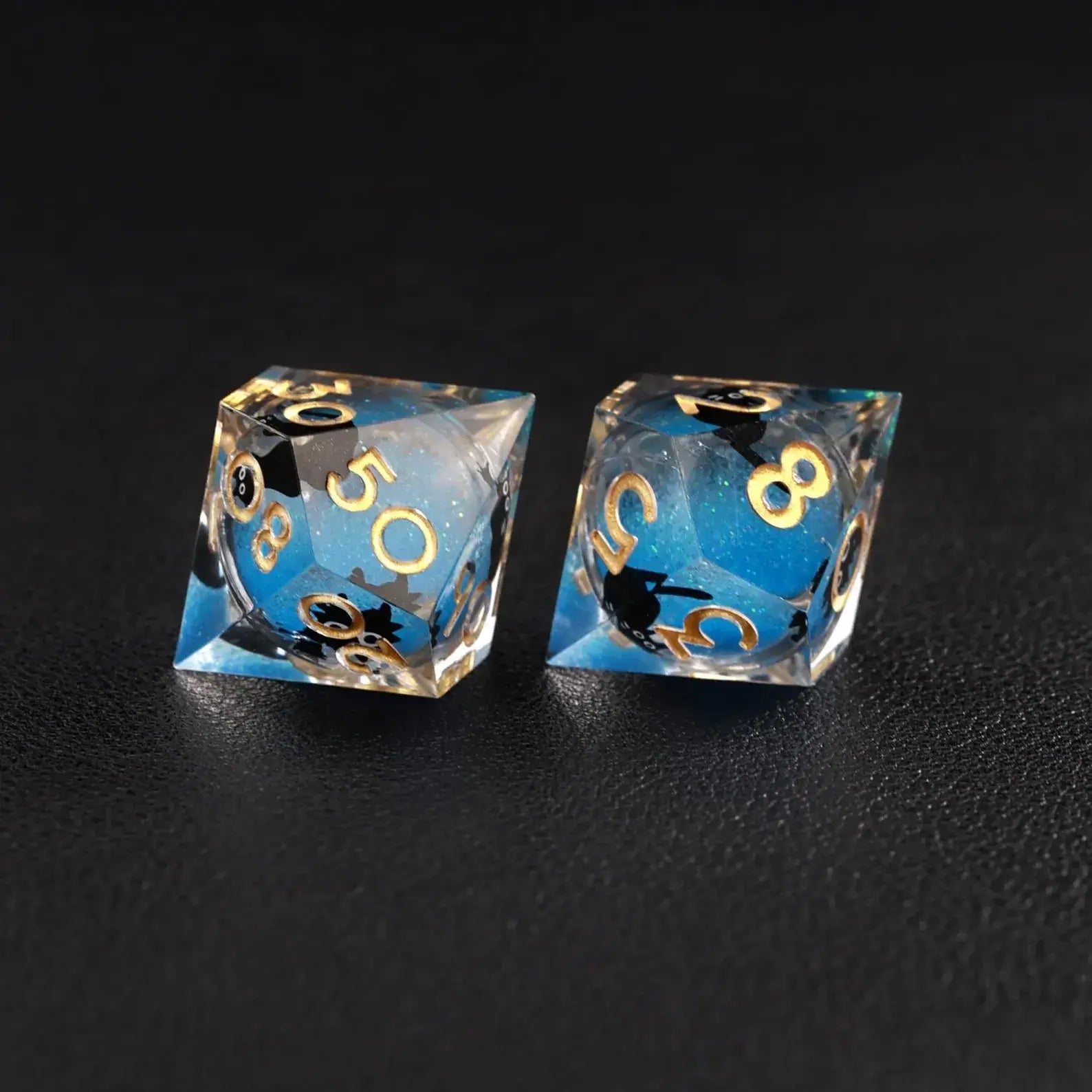 Dice being rolled, showcasing the kinetic movement of the Liquid Core Dice in the Blue Swirl Resin Set.