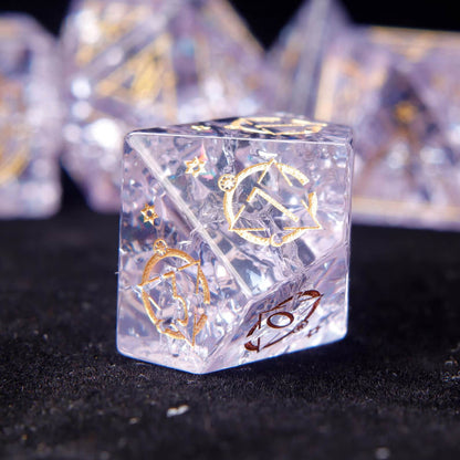 Pink Glass DND Dice with striking internal reflections against a black background, highlighting the glass material's luminescence.