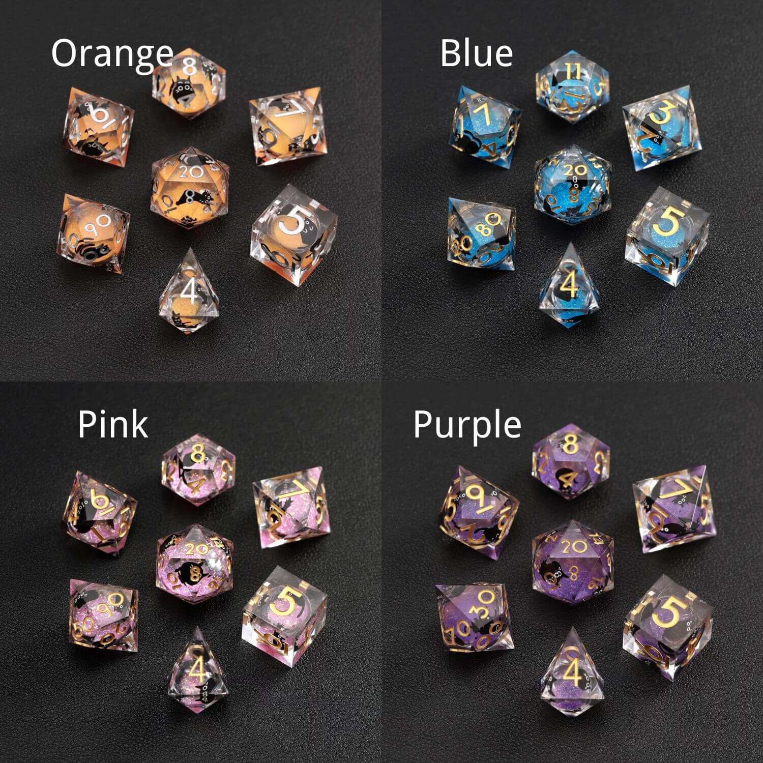 Multi-color (Orange, Purple, Pink, Silver) Liquid Core Dice Resin Set featuring the black cat animal dice design.