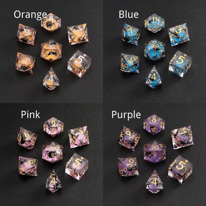 Multi-color (Orange, Purple, Pink, Silver) Liquid Core Dice Resin Set featuring the black cat animal dice design.