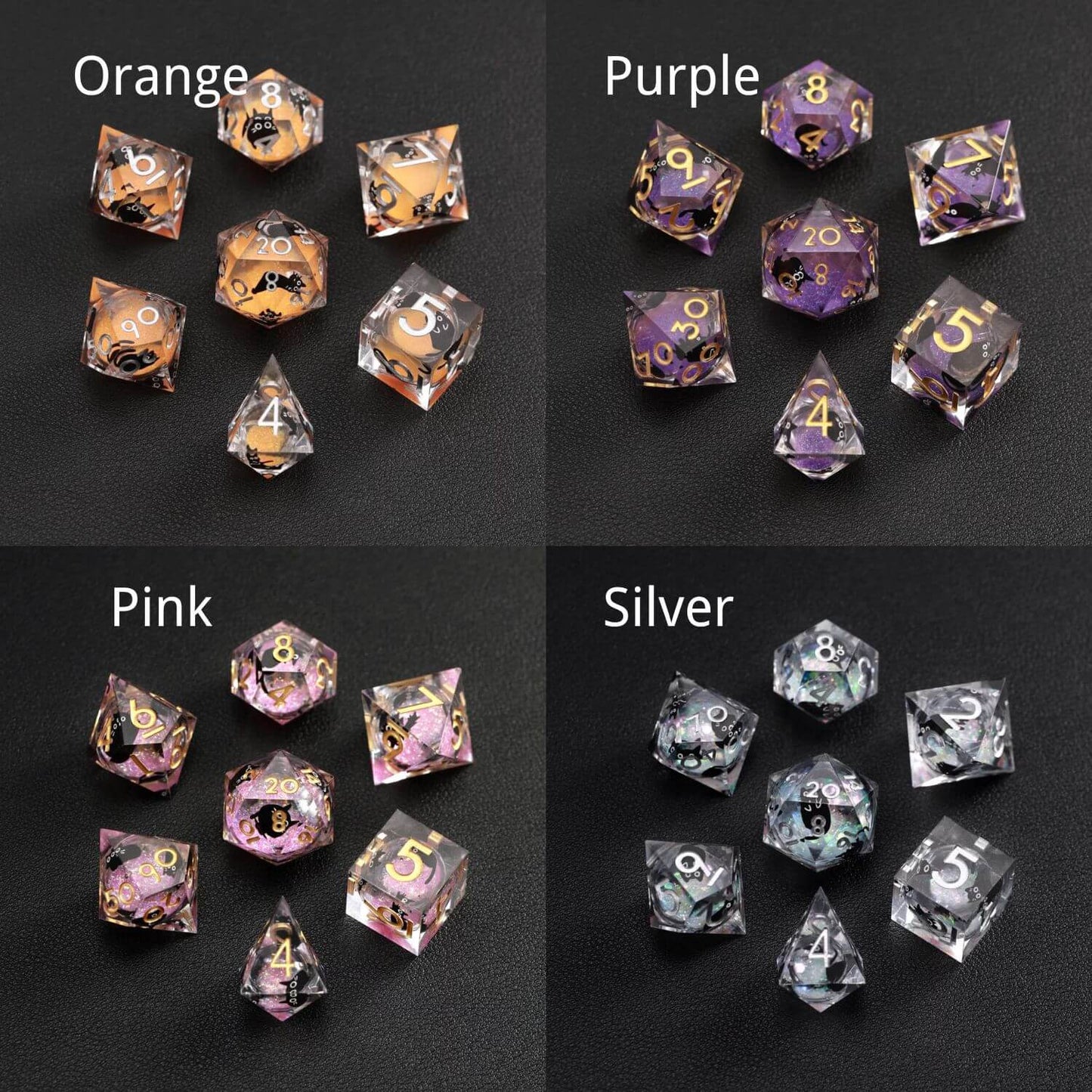Multi-color (Orange, Purple, Pink, Silver) Liquid Core Dice Resin Set with black cat animal dice design.