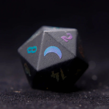 Close-up of the Black Obsidian D20 Lightning die, featuring sharp edges and stunning lightning-like veins within the obsidian for a unique, striking appearance.
