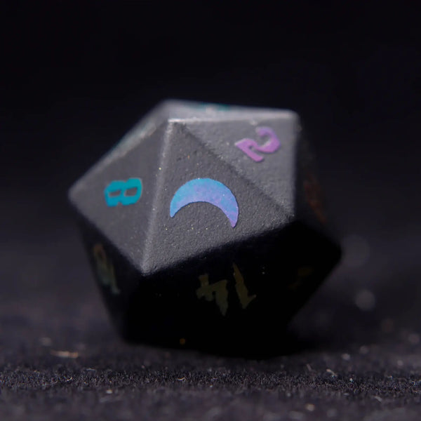 Close-up of the Black Obsidian D20 Lightning die, featuring sharp edges and stunning lightning-like veins within the obsidian for a unique, striking appearance.