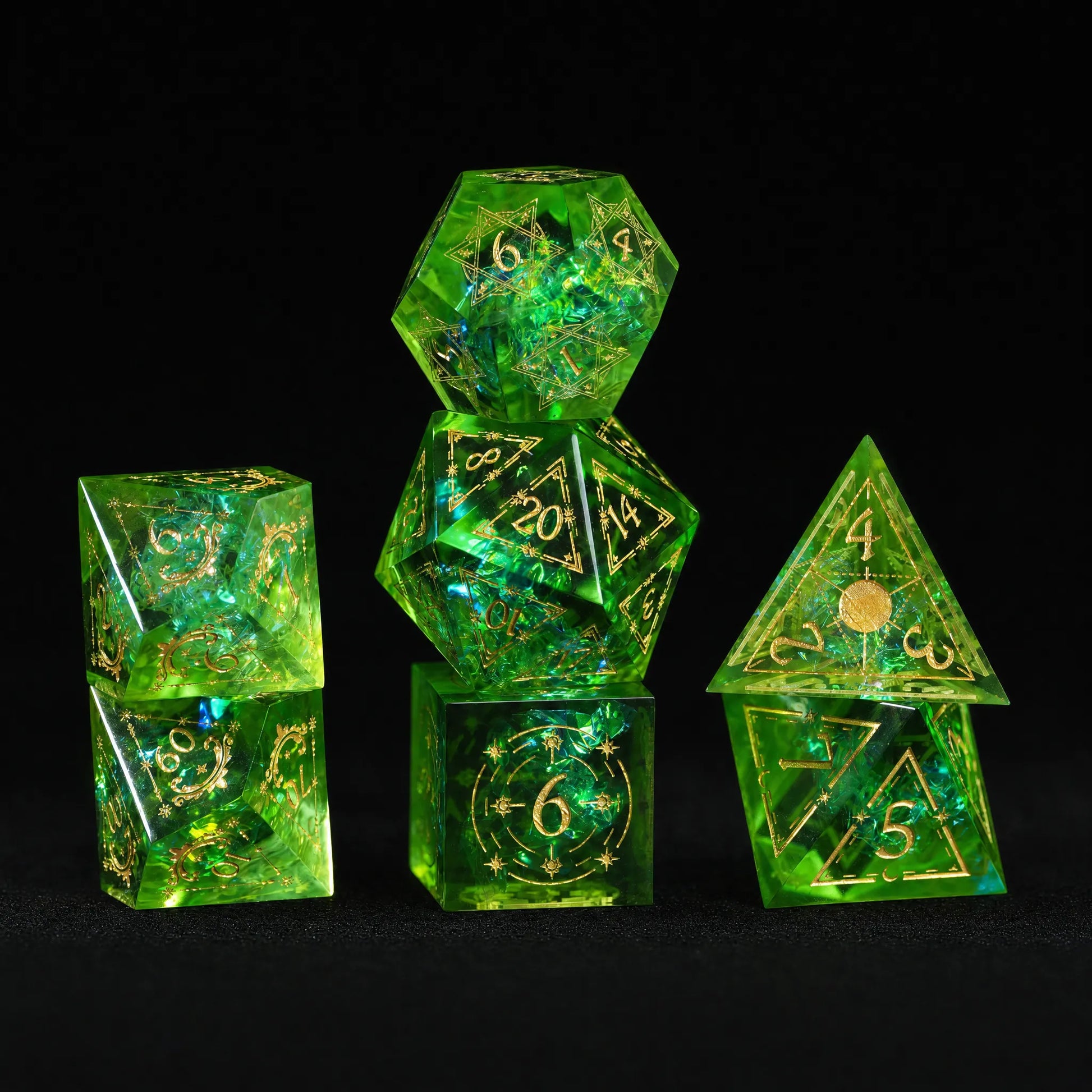 Full seven-piece Emerald Cosmic Foil Sharp Edge Resin Dice Set arranged for DND and tabletop RPG play