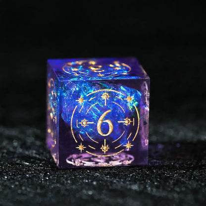 Purple Cosmic Foil Sharp Edge Resin Dice Set, single d6 on a dark tabletop background