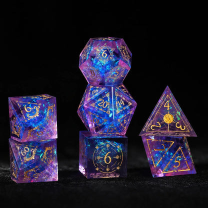 Full seven-piece Purple Cosmic Foil Sharp Edge Resin Dice Set stacked for DND and tabletop RPG play