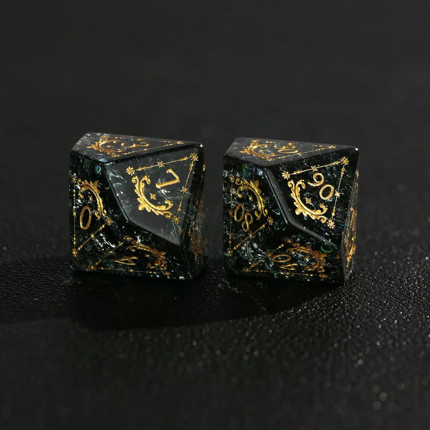 Detailed view of the pyramid-shaped D4 die, emphasizing its sharp edges and the crisp silver engraving of the number 4, showing the unique glass texture.