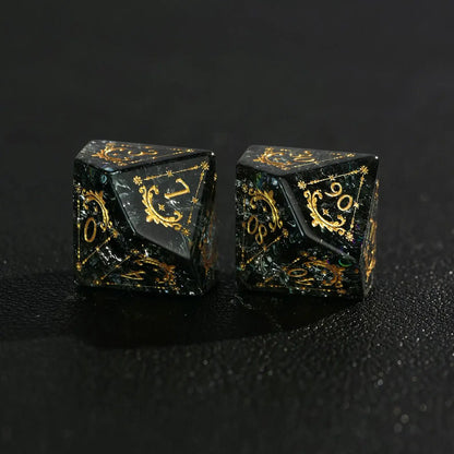 Detailed view of the pyramid-shaped D4 die, emphasizing its sharp edges and the crisp silver engraving of the number 4, showing the unique glass texture.