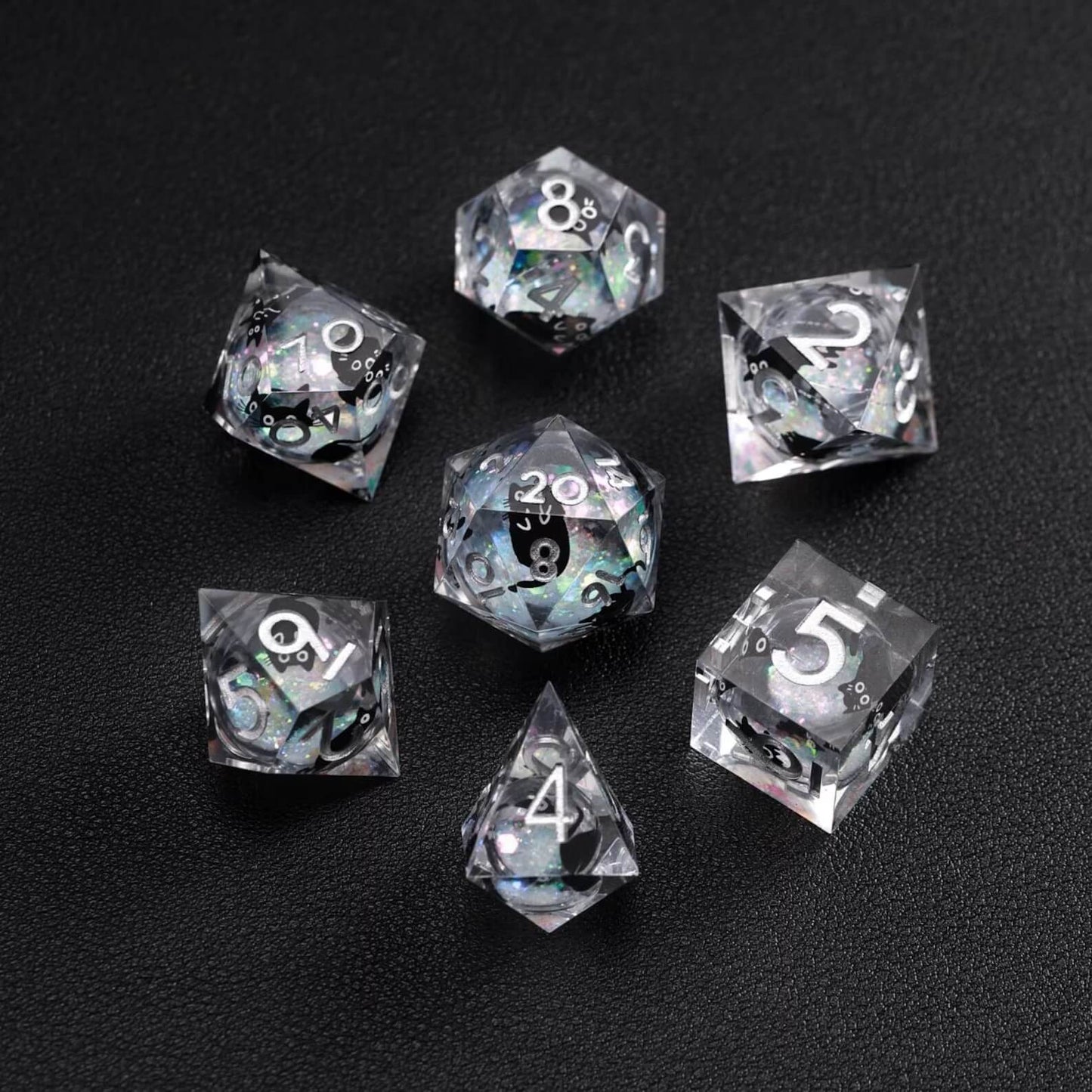 Full 7-piece Silver Swirl Liquid Core Dice Resin Set with a visible black cat animal dice figure.