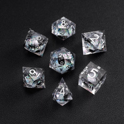 Full 7-piece Silver Swirl Liquid Core Dice Resin Set with a visible black cat animal dice figure.