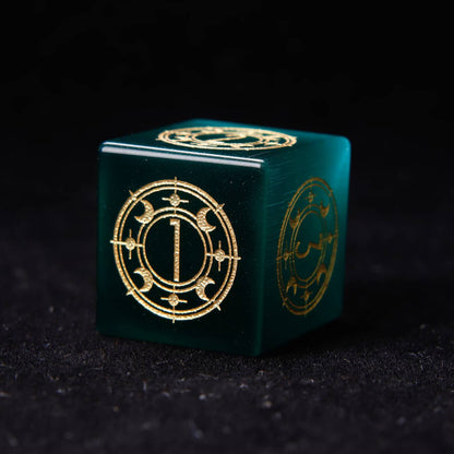 D6 dice from the set stacked together, emphasizing the depth of color and the precise engraved pips on each face.