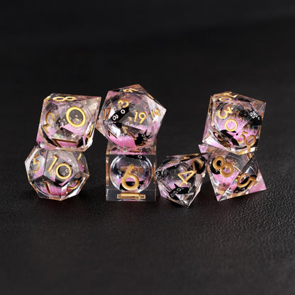 Tabletop RPG accessory: The Pink Swirl Liquid Core Dice Resin Set featuring the charming black cat animal dice.