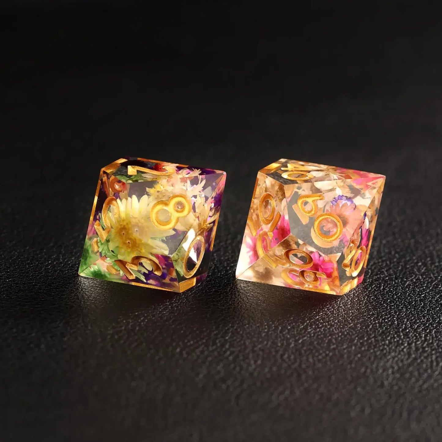 Close-up of the D10 die from the Transparent Floral DND Resin Dice Set, with vibrant floral details encapsulated in clear resin.