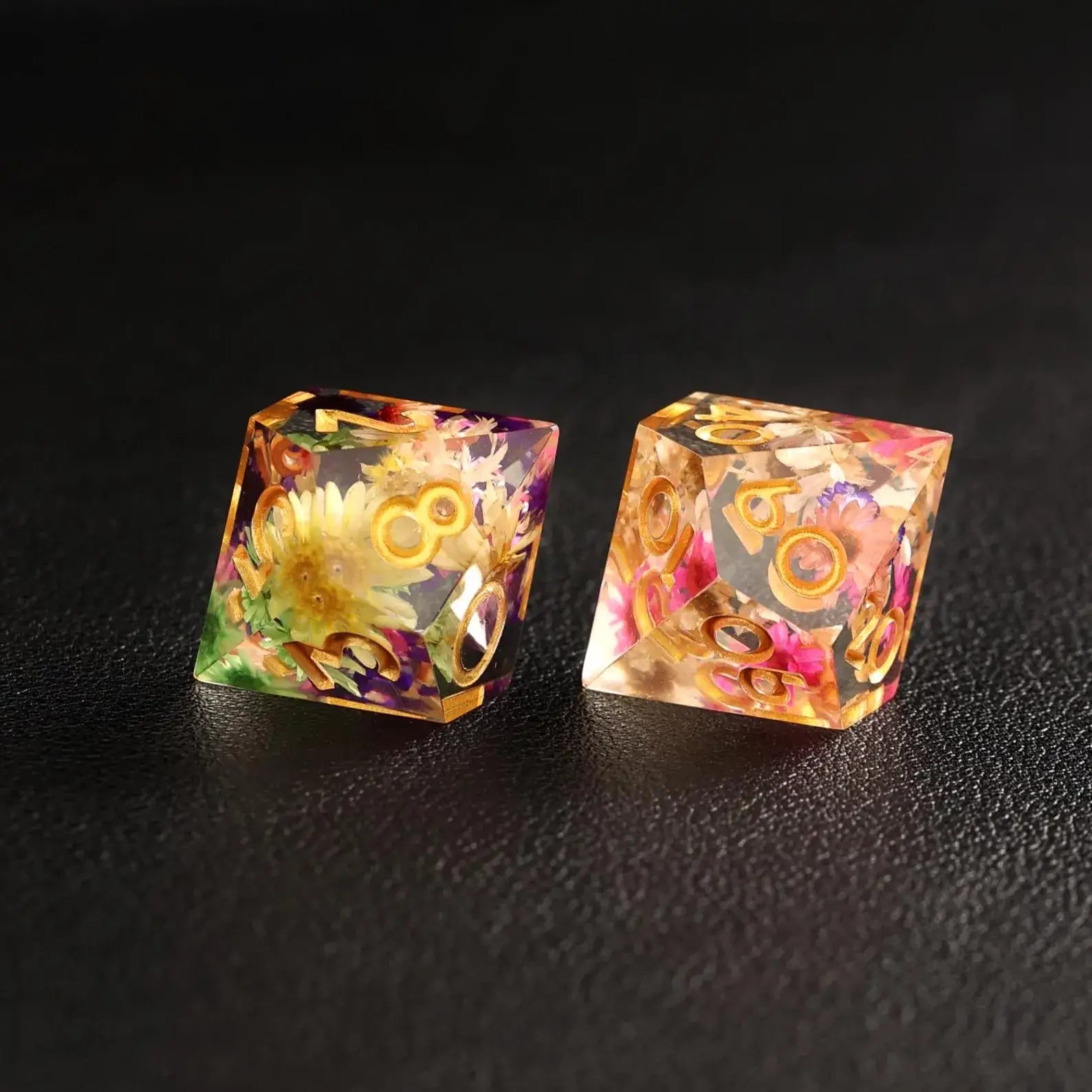 Close-up of the D10 die from the Transparent Floral DND Resin Dice Set, with vibrant floral details encapsulated in clear resin.