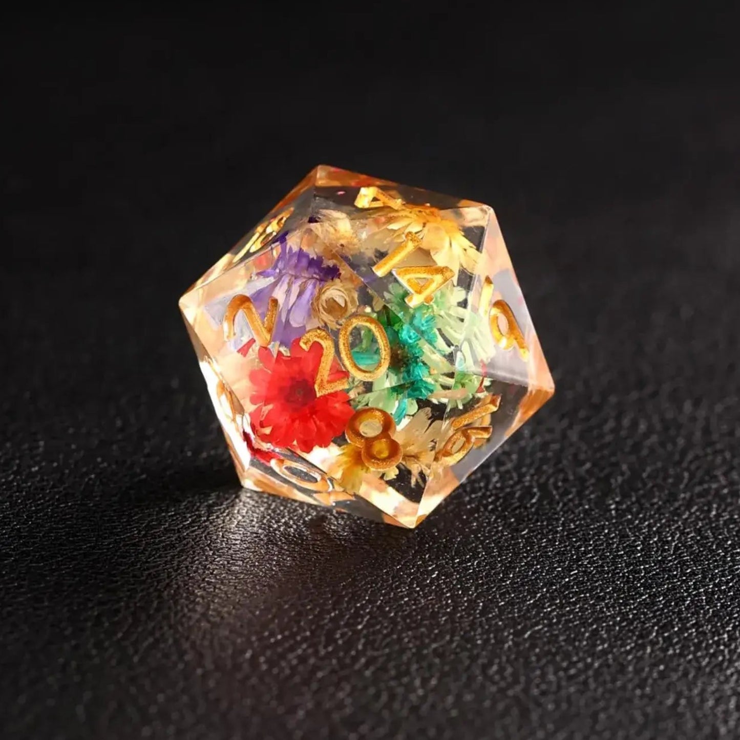 The iconic D20 die from the Transparent Floral DND Resin Dice Set, featuring detailed flowers encased in transparent resin, perfect for RPG gameplay.