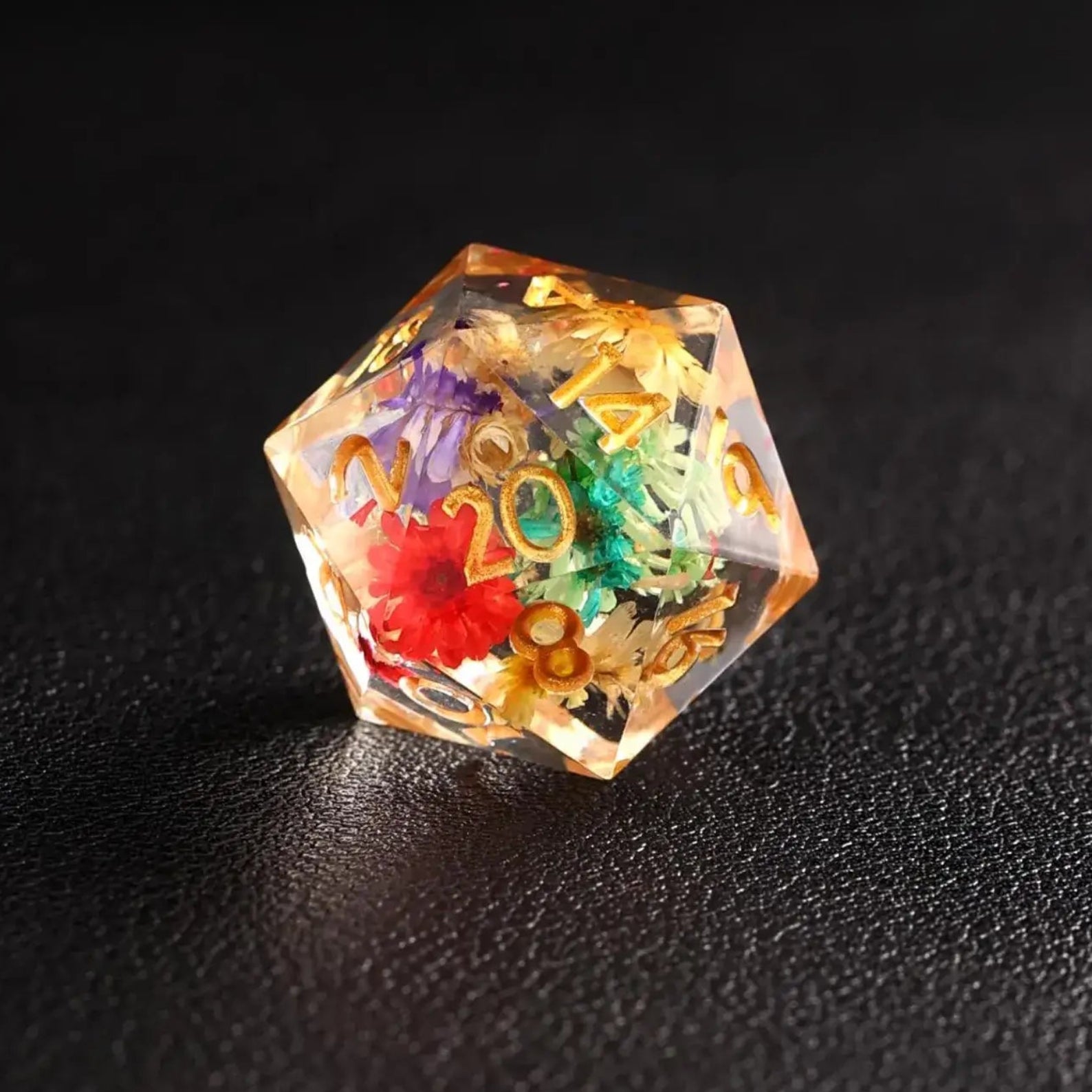 The iconic D20 die from the Transparent Floral DND Resin Dice Set, featuring detailed flowers encased in transparent resin, perfect for RPG gameplay.