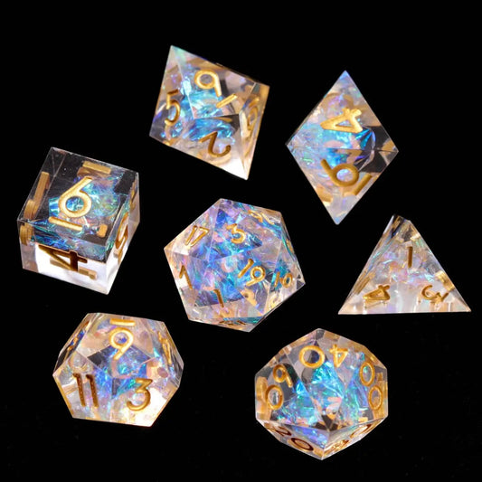 Transparent resin RPG dice with subtle blue iridescent core and rainbow reflections for elegant tabletop gaming style