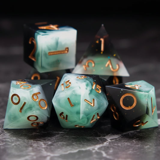URDICE green jade style resin RPG dice full 7pcs set, sharp edge polyhedral dice designed for DND players