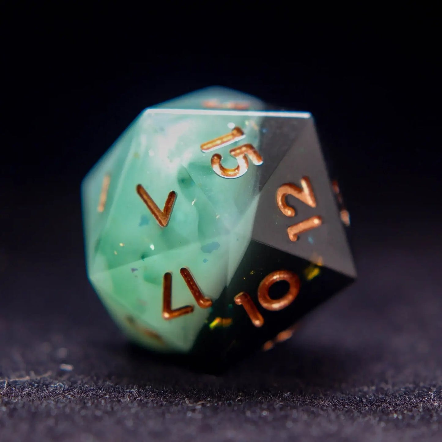 Single D20 green jade style resin dice by URDICE, sharp edged RPG dice for tabletop role playing gamers