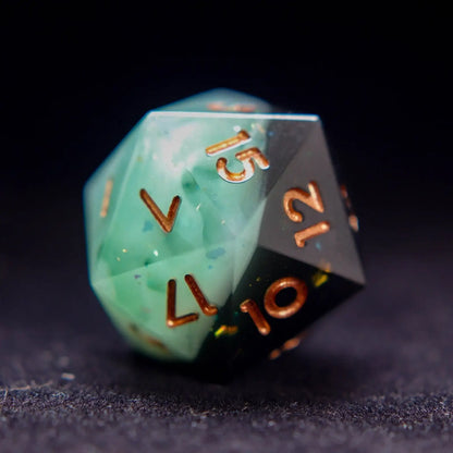 Single D20 green jade style resin dice by URDICE, sharp edged RPG dice for tabletop role playing gamers
