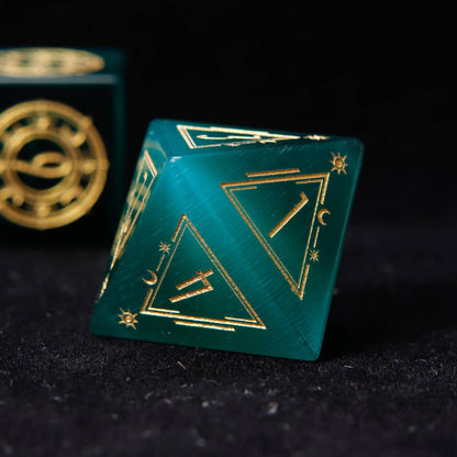 Isolated D8 die from the URDdice collection. Showcases the smooth gemstone facets and the sharp, legible engraved numbers.
