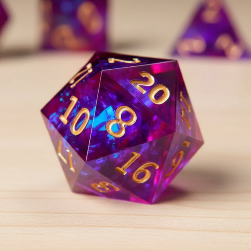 Extreme close-up of the D20 die. Captures the intense holographic rainbow effect and deep purple color against a cream background.