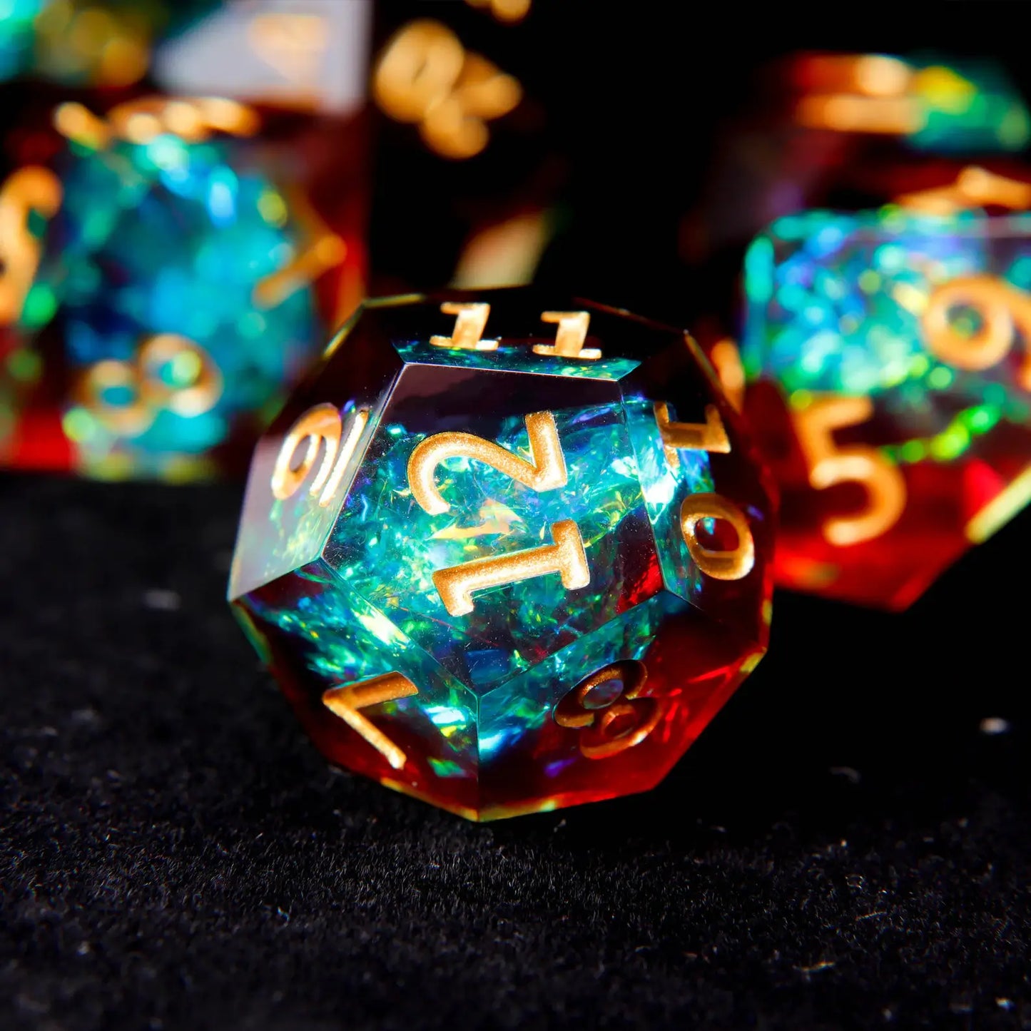Detailed shot of the twelve-sided D12 die, showcasing the geometric facets and legible engraved numbers.