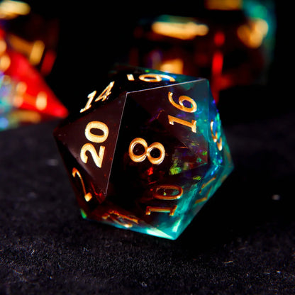 The iconic D20, the most important die in the set. Features large, deeply engraved numbers for decisive rolls.